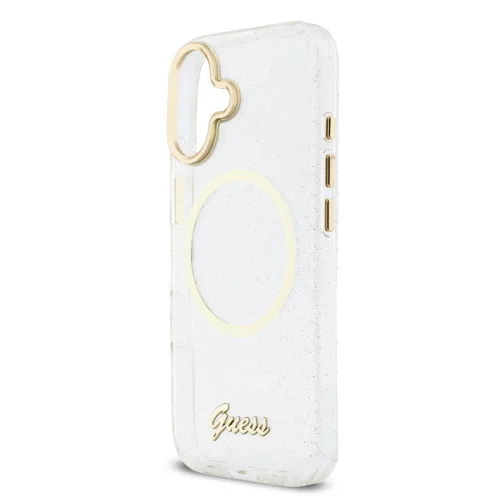 Guess IML Glitter Script Strap MagSafe tok iPhone 17 - átlátszó