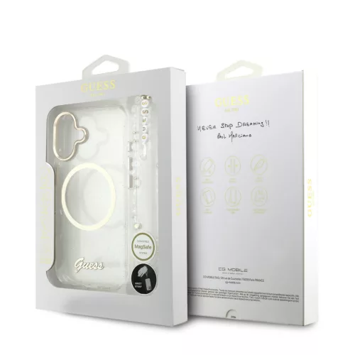 Guess IML Glitter Script Strap MagSafe tok iPhone 17 - átlátszó