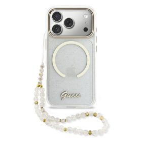   Guess IML Glitter Script Strap MagSafe tok iPhone 17 Pro - átlátszó