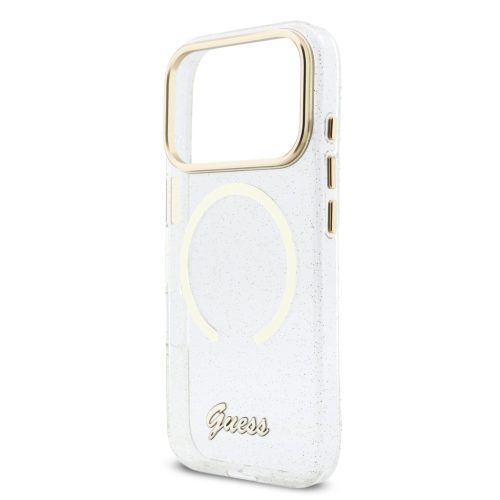 Guess IML Glitter Script Strap MagSafe tok iPhone 17 Pro - átlátszó