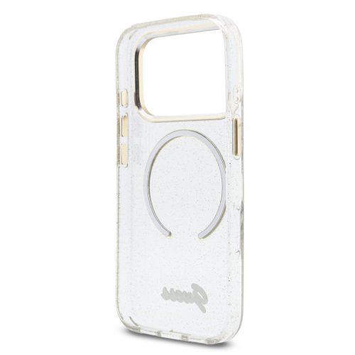 Guess IML Glitter Script Strap MagSafe tok iPhone 17 Pro - átlátszó