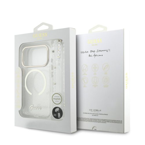 Guess IML Glitter Script Strap MagSafe tok iPhone 17 Pro - átlátszó