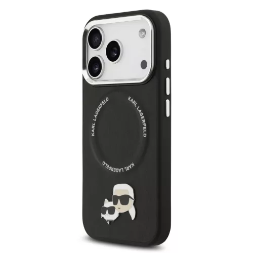 Karl Lagerfeld PU Karl and Choupette Heads Pins MagSafe tok Apple iPhone 17 Pro Max készülékhez – Fekete