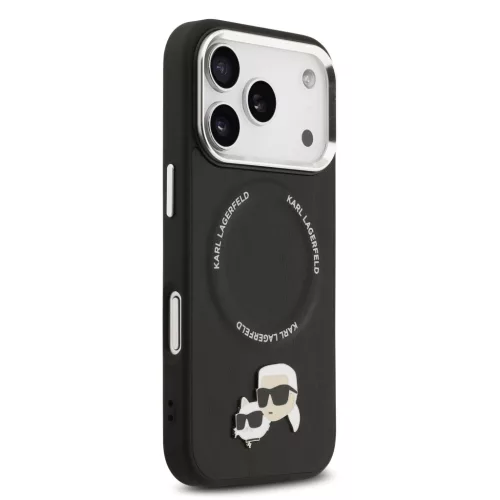 Karl Lagerfeld PU Karl and Choupette Heads Pins MagSafe tok Apple iPhone 17 Pro Max készülékhez – Fekete