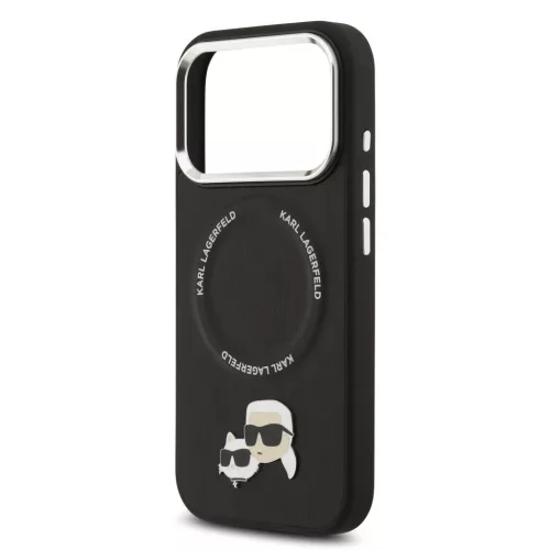 Karl Lagerfeld PU Karl and Choupette Heads Pins MagSafe tok Apple iPhone 17 Pro Max készülékhez – Fekete