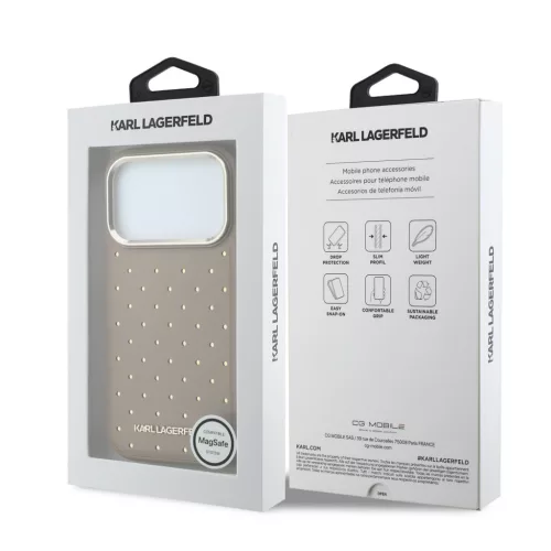 Karl Lagerfeld PU Perforated Gold Dots MagSafe tok, iPhone 17 Pro - bézs