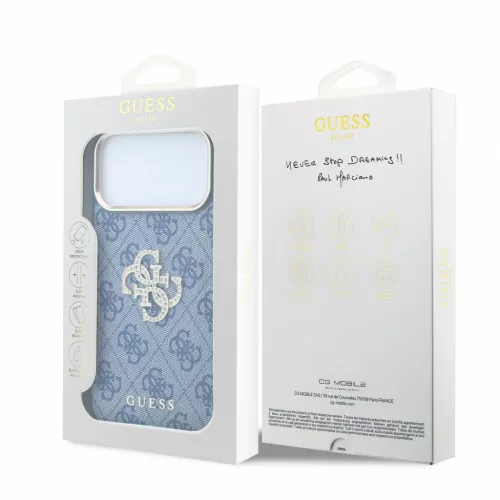 GUESS Pu 4G Strass Metal Logo tok, Apple iPhone 18 Pro Max - kék