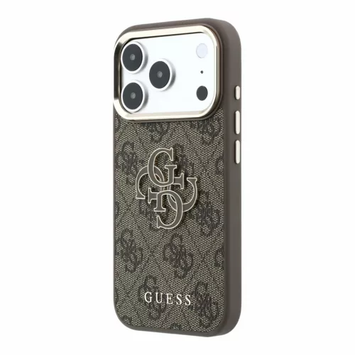 GUESS Pu 4G Resin Metal Logo tok, iPhone 18 Pro Max - barna