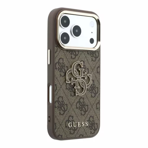GUESS Pu 4G Resin Metal Logo tok, iPhone 18 Pro Max - barna