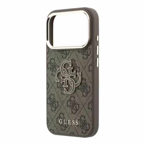 GUESS Pu 4G Resin Metal Logo tok, iPhone 18 Pro Max - barna