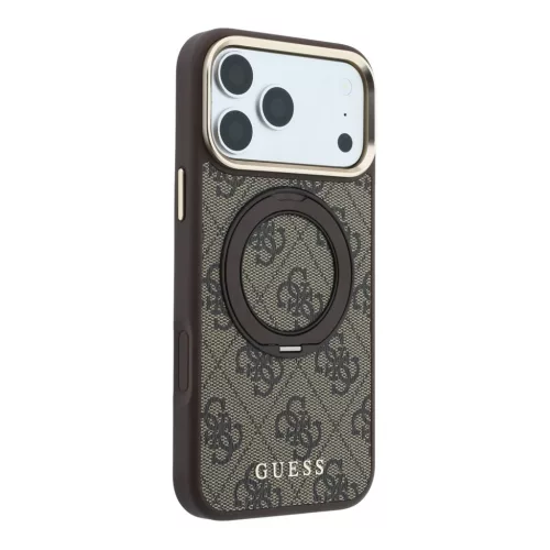 GUESS Pu 4G Ring Stand MagSafe tok, Apple iPhone 18 Pro - barna