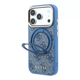 GUESS Pu 4G Ring Stand MagSafe tok, iPhone 18 Pro - kék