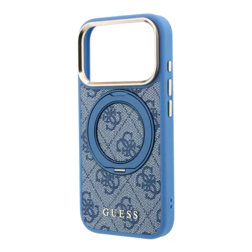 GUESS Pu 4G Ring Stand MagSafe tok, iPhone 18 Pro - kék