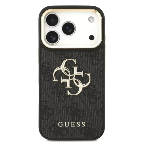 GUESS Pu Leather 4G Metal Logo Gold Frame tok, iPhone 18 Pro - fekete