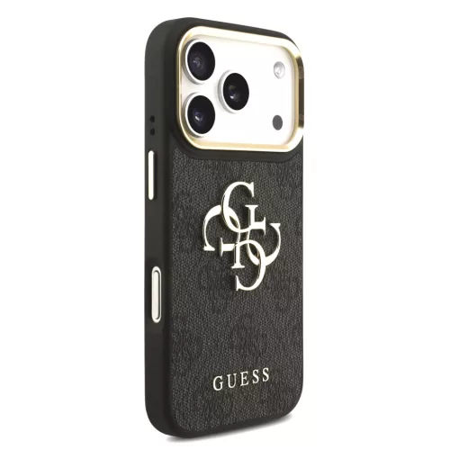 GUESS Pu Leather 4G Metal Logo Gold Frame tok, iPhone 18 Pro - fekete