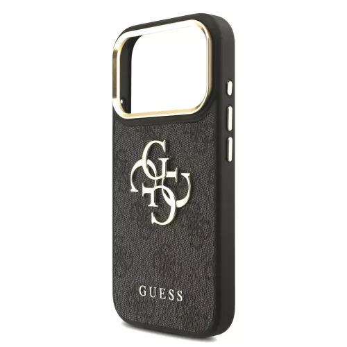 GUESS Pu Leather 4G Metal Logo Gold Frame tok, iPhone 18 Pro - fekete