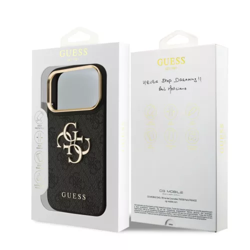 GUESS Pu Leather 4G Metal Logo Gold Frame tok, iPhone 18 Pro - fekete