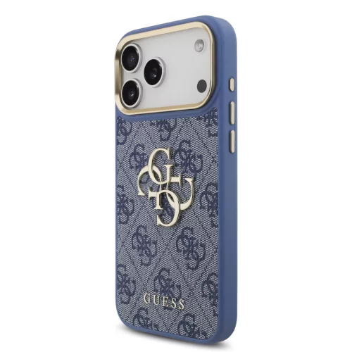 GUESS Pu Leather 4G Metal Logo Gold Frame tok, iPhone 18 Pro Max - kék