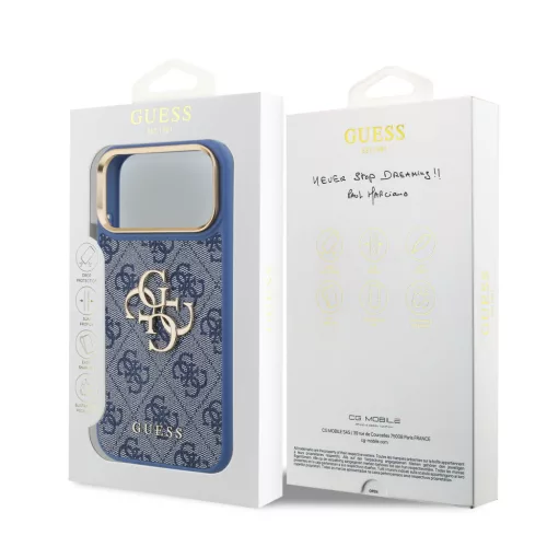 GUESS Pu Leather 4G Metal Logo Gold Frame tok, iPhone 18 Pro Max - kék