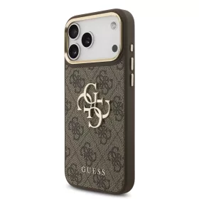  GUESS Pu Leather 4G Metal Logo Gold Frame tok, iPhone 18 Pro Max - barna