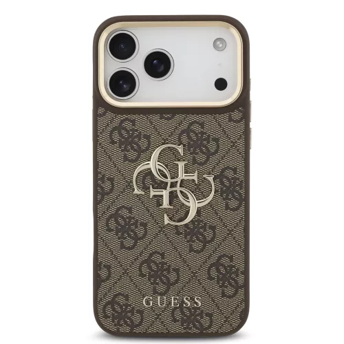 GUESS Pu Leather 4G Metal Logo Gold Frame tok, iPhone 18 Pro Max - barna