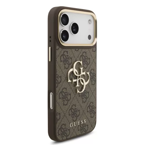 GUESS Pu Leather 4G Metal Logo Gold Frame tok, iPhone 18 Pro Max - barna