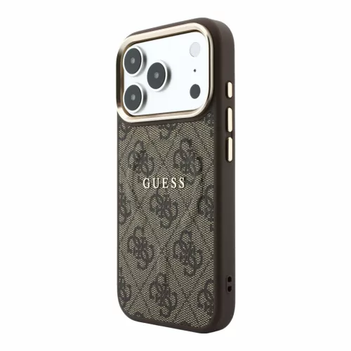 GUESS Pu Leather 4G Gold Frame Embossed MagSafe tok, iPhone 18 Pro Max - barna