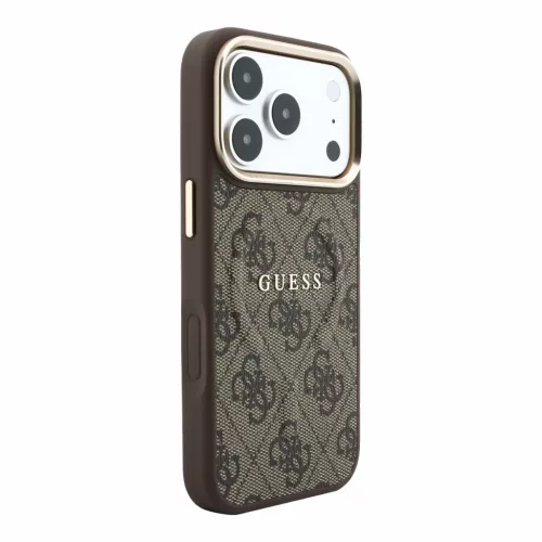 GUESS Pu Leather 4G Gold Frame Embossed MagSafe tok, iPhone 18 Pro Max - barna