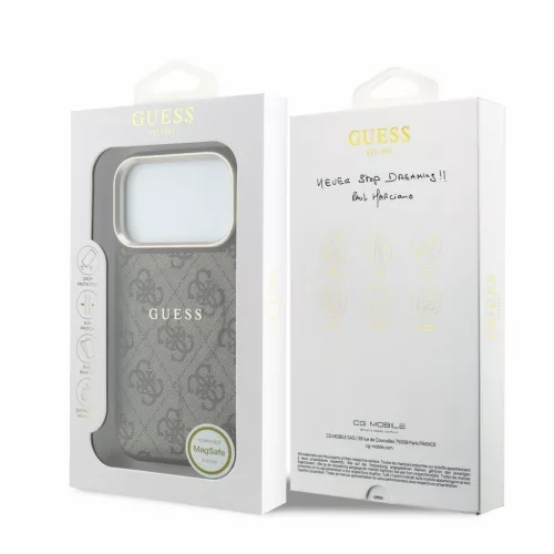 GUESS Pu Leather 4G Gold Frame Embossed MagSafe tok, iPhone 18 Pro Max - barna