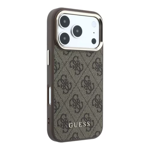 GUESS Pu Leather 4G Gold Frame MagSafe tok, iPhone 18 Pro Max - barna