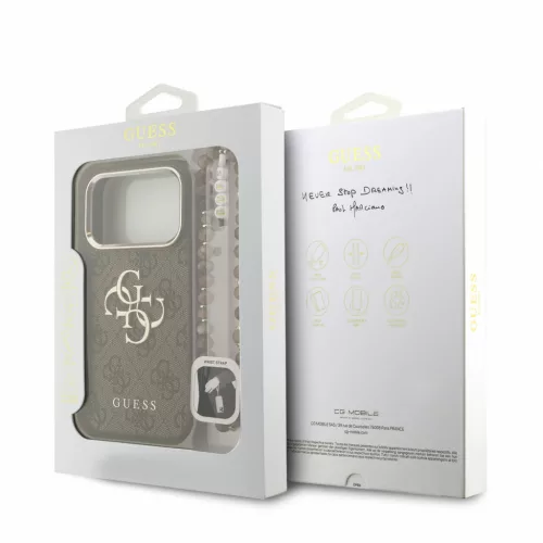 GUESS Pu 4G Metal Logo Strap tok, iPhone 18 Pro - barna