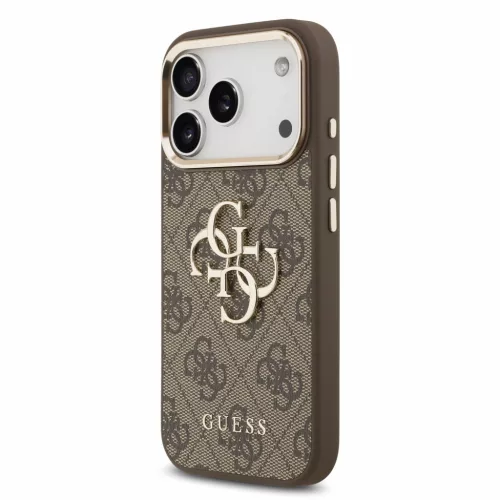 GUESS Pu 4G Metal Logo Strap tok, iPhone 18 Pro Max - barna