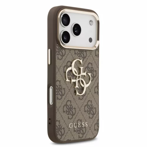 GUESS Pu 4G Metal Logo Strap tok, iPhone 18 Pro Max - barna