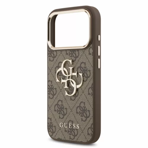 GUESS Pu 4G Metal Logo Strap tok, iPhone 18 Pro Max - barna