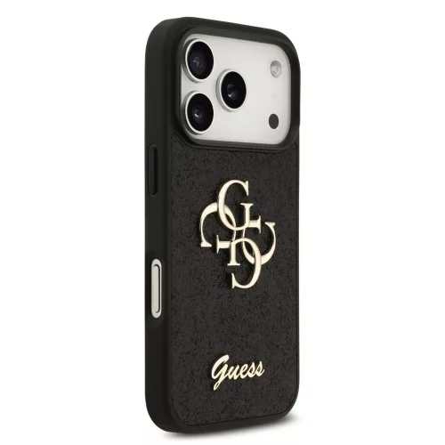 GUESS Pu Fixed Glitter 4G Metal Logo tok, iPhone 18 Pro - fekete