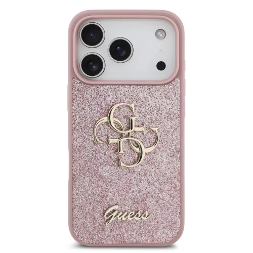 GUESS Pu Fixed Glitter 4G Metal Logo tok, iPhone 18 Pro - rózsaszín