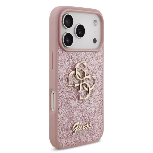 GUESS Pu Fixed Glitter 4G Metal Logo tok, iPhone 18 Pro - rózsaszín