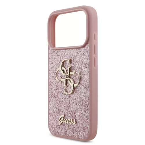 GUESS Pu Fixed Glitter 4G Metal Logo tok, iPhone 18 Pro - rózsaszín