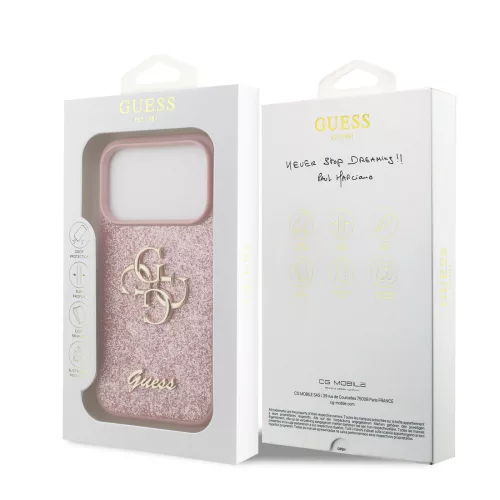 GUESS Pu Fixed Glitter 4G Metal Logo tok, iPhone 18 Pro - rózsaszín