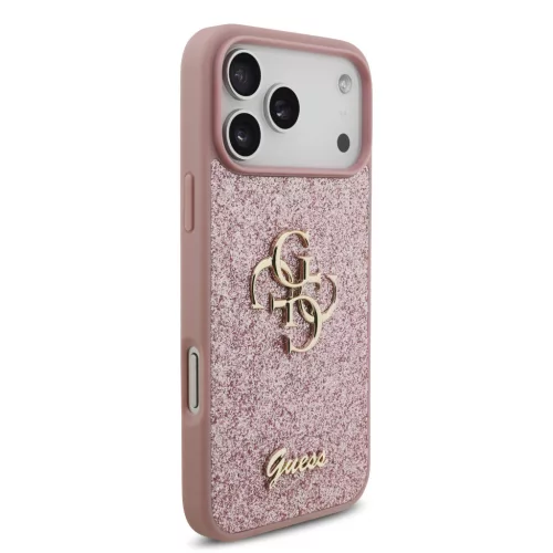 GUESS Pu Fixed Glitter 4G Metal Logo tok, iPhone 18 Pro Max - rózsaszín