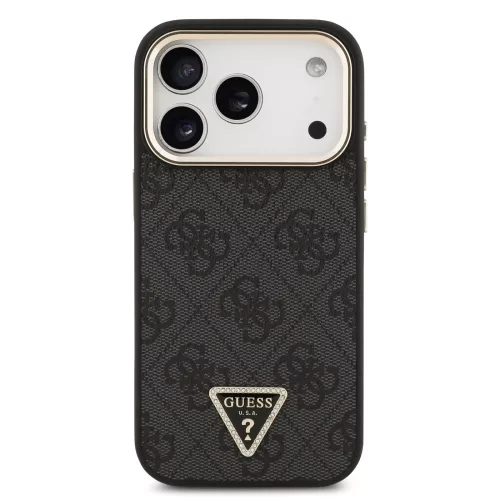 GUESS Pu Leather 4G Strass Triangle Logo Gold Frame MagSafe tok, iPhone 18 Pro - fekete