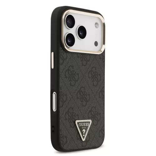 GUESS Pu Leather 4G Strass Triangle Logo Gold Frame MagSafe tok, iPhone 18 Pro - fekete