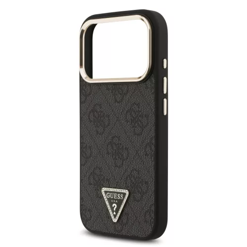 GUESS Pu Leather 4G Strass Triangle Logo Gold Frame MagSafe tok, iPhone 18 Pro - fekete