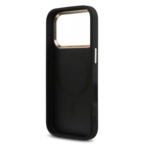 GUESS Pu Leather 4G Strass Triangle Logo Gold Frame MagSafe tok, iPhone 18 Pro - fekete