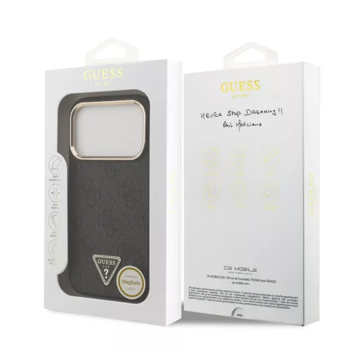 GUESS Pu Leather 4G Strass Triangle Logo Gold Frame MagSafe tok, iPhone 18 Pro - fekete