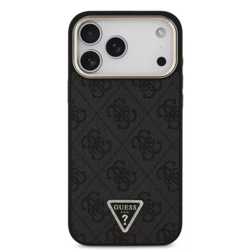 GUESS Pu Leather 4G Strass Triangle Logo Gold Frame MagSafe tok, iPhone 18 Pro Max - fekete