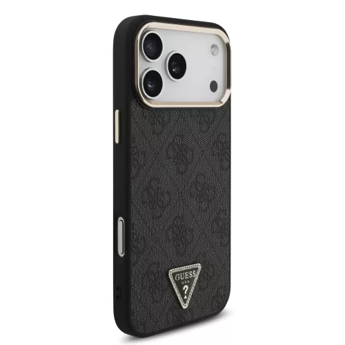 GUESS Pu Leather 4G Strass Triangle Logo Gold Frame MagSafe tok, iPhone 18 Pro Max - fekete