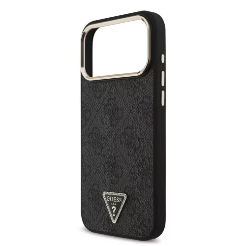 GUESS Pu Leather 4G Strass Triangle Logo Gold Frame MagSafe tok, iPhone 18 Pro Max - fekete