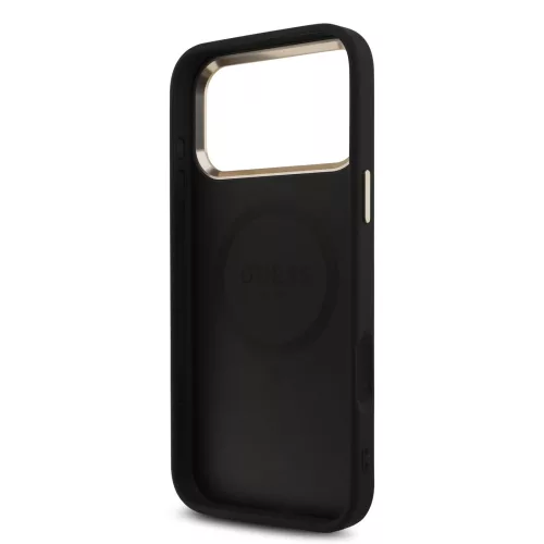 GUESS Pu Leather 4G Strass Triangle Logo Gold Frame MagSafe tok, iPhone 18 Pro Max - fekete