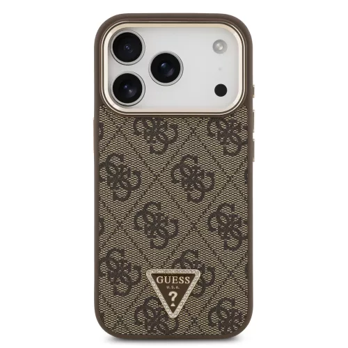 GUESS Pu Leather 4G Strass Triangle Logo Gold Frame MagSafe tok, iPhone 18 Pro - barna